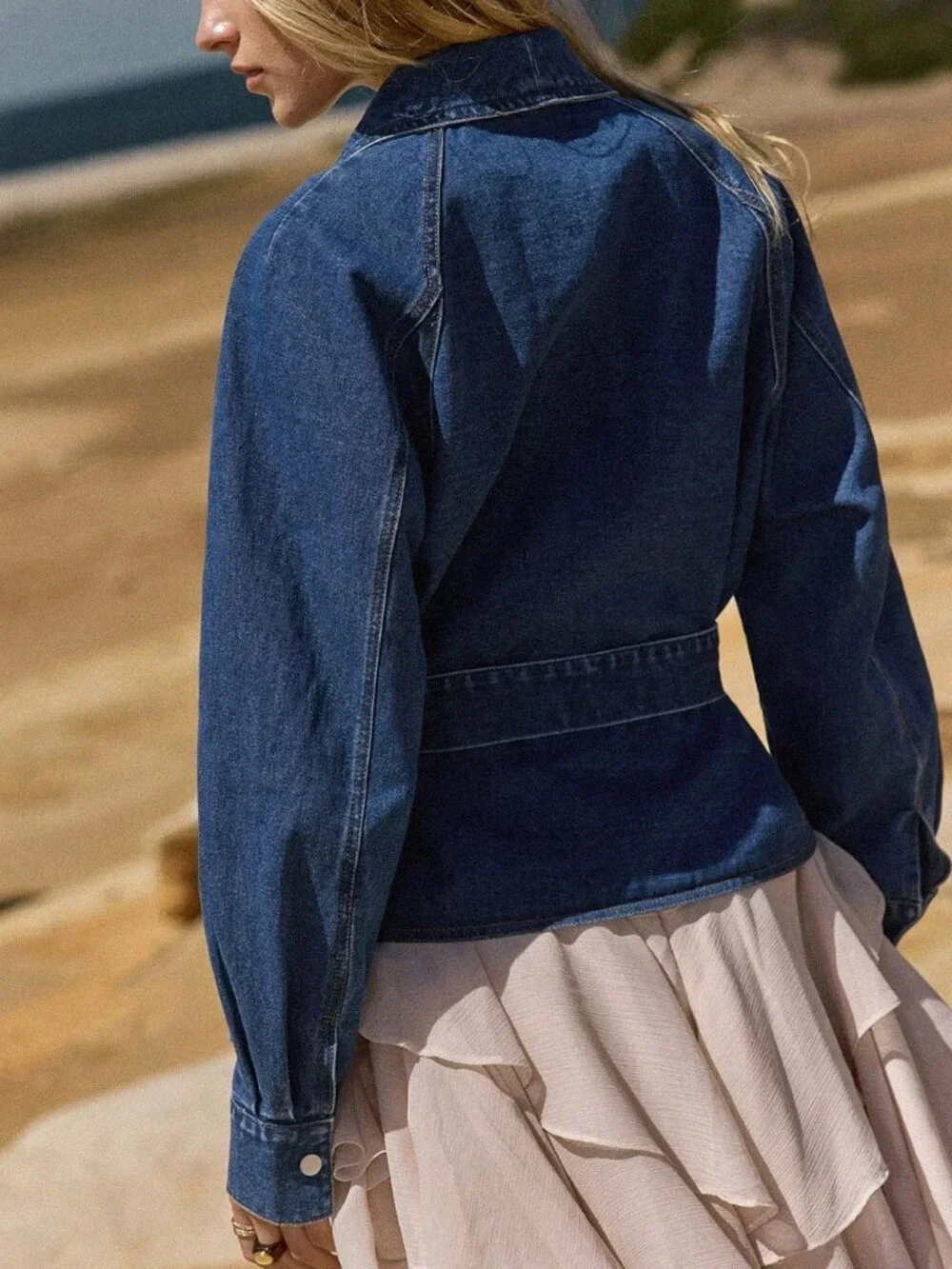 Blue Casual Women's Tie-Up Collar Denim Jacket